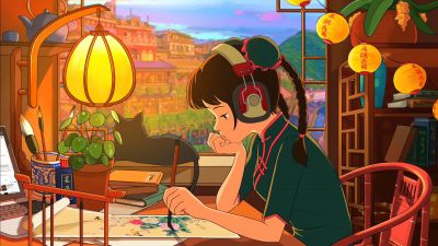 Lofi girl, Painting, Listening music, Lanterns, Aesthetic interior