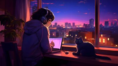 Lofi girl, Night, Cat, Window, City lights, Listening music