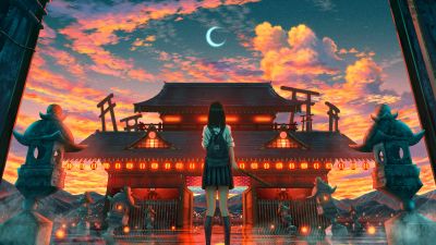 Ancient architecture, Japanese girl, Crescent Moon, Illuminated, Lofi girl, Clouds, Shuu Illust