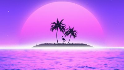 Sunset, RetroWave art, Vaporwave, Flamingo, Palm trees, Island, Tropical, 5K