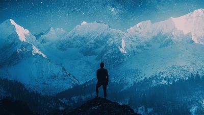 Milky Way, Mountains, Person Silhouette, 5K, Winter, Night sky, Stars in sky