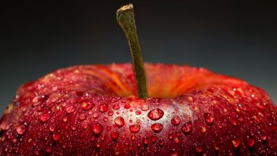 Apple, Macro, Water droplets, Closeup Photography, 5K