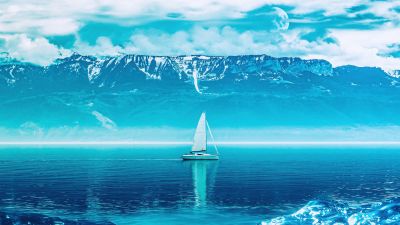 Sailing boat, Mountains, Ocean, Blue aesthetic, Ocean blue, 5K