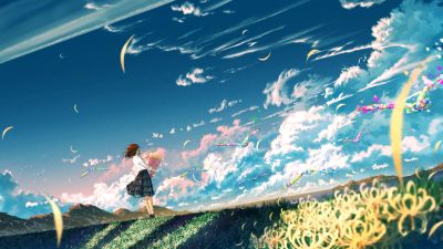 Anime girl, Landscape, Dreamlike, Morning breeze, Flower bouquet, 5K