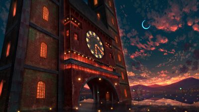 Clock tower, Crescent Moon, Scenery, 5K, Night illumination, Body of Water, Shuu Illust