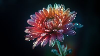 Chrysanthemum, Digital flower, Dew Drops, Bokeh Background