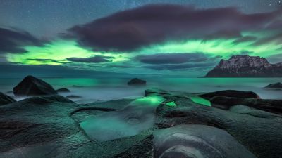 Uttakleiv beach, Aurora sky, Lofoten islands, Norway, Aurora Borealis, Night, Northern Lights, Arctic