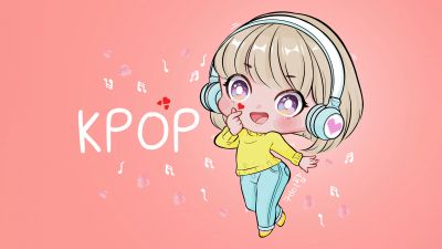 K-pop, Chibi, Finger heart, Cute Girl, Listening music, Dancing, Pastel orange, Pastel background, 5K, Red hearts, Girly backgrounds