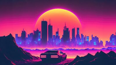 Futuristic city, Outrun, Neon art, Cyberpunk, Synthwave, Panorama, Sunset, Pink aesthetic