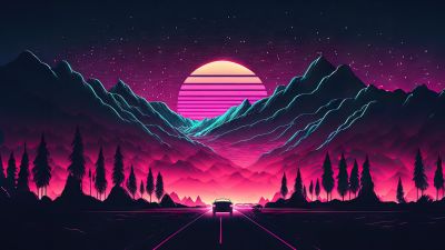 Highway, Outrun, AI art, Neon, Retrowave, Synthwave, Sunset, Mountains, 5K