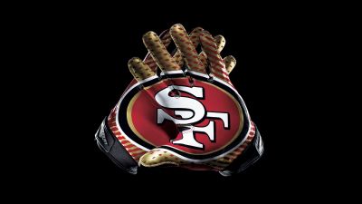 San Francisco 49ers, Gloves, Black background, 8K, American football team, 5K