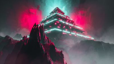 Alien, Pyramid Structure, Neon background, Mountains, 5K