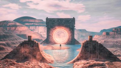 Grand Canyon, Portal, Ancient, Circle light, Neon, River, 5K, Surrealism, 