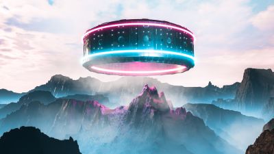 Futuristic, UFO, Digital Art, Mountain range, 5K, Spaceship