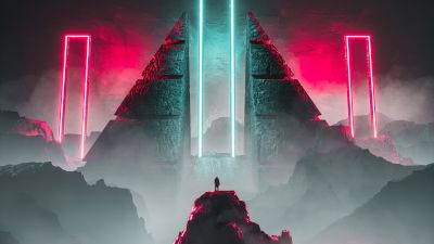 Science fiction, Digital Art, Neon, Dreamlike, Surrealism, Ancient architecture, 5K