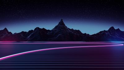 Neon, Highway, Outrun, Synthwave, Mountain range, Digital Art, 5K, Ultrawide