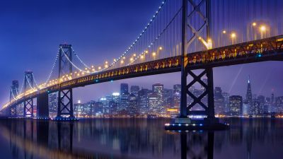 Bay Bridge, San Francisco-Oakland Bay Bridge, Night, City lights, Urban, 5K