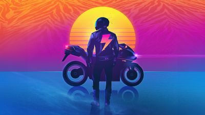 Biker, Outrun, Synthwave, 5K, Vibrant, Sunset, Cyberpunk, Neon art