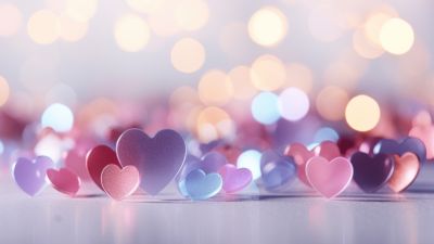 Glossy, Love hearts, Bokeh Background, 5K, Pastel