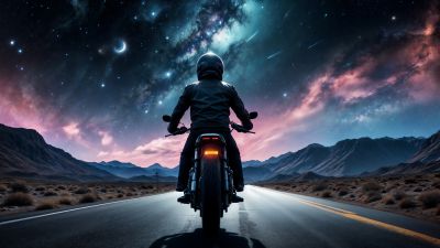 Biker, Road trip, Dreamlike, AI art, Surreal, Beautiful Sky