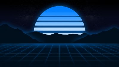 Blue aesthetic, RetroWave art, Sunset, Outrun, Grid lines