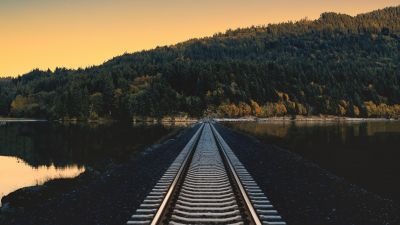 Railroad, Rail track, Mountain, River, Crescent Moon, Half moon, Landscape, Sunset, Aesthetic