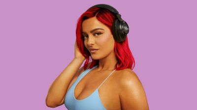 Bebe Rexha, Headphones, Pastel purple, 5K, Pastel background