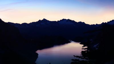 Hidden Lake, Mountains, Silhouette, Sunset, Crescent Moon, Clear sky, Dark, Night, Washington, USA