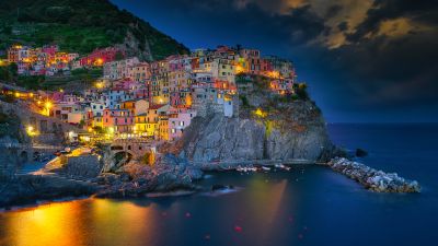 Manarola, Blue hour, Italy, Cinque Terre, Night lights, Long exposure, Seascape