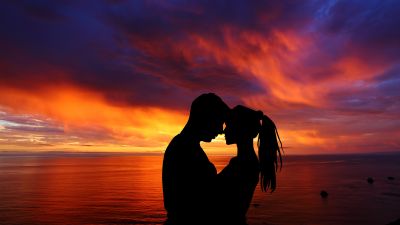 Couple, Romantic, Silhouette, Sunset, Seascape, Together, 5K