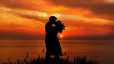 Couple, Romantic kiss, Silhouette, Sunset, Seascape, Together