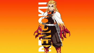 Kyojuro Rengoku, Orange background, Demon Slayer: Kimetsu no Yaiba