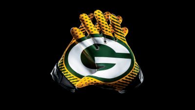 Green Bay Packers, Gloves, Black background, 8K, NFL team, 5K, American football team