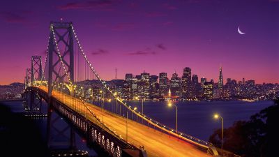 San Francisco-Oakland Bay Bridge, Twilight, Sunset, Night time, Long exposure, Crescent Moon, Purple sky