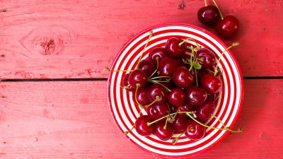 Cherries, Cherry fruits, Bowl of fruits, Wooden background