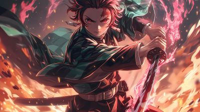 Tanjiro Kamado, Katana, Demon Slayer: Kimetsu no Yaiba, 5K, AI art