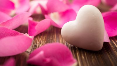 Love heart, White heart, Rose Petals, Wooden background, Closeup, Bokeh, Aesthetic