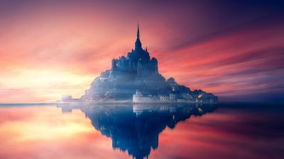 Mont Saint-Michel, Sunset, Twilight, Dawn, Reflection, Normandy, France, Aesthetic, 5K