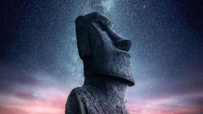 Moai statue, Easter Island, Ancient architecture, Starry sky, Sunset, Dawn, World Heritage Site, 5K