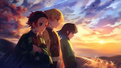 Demon Slayer: Kimetsu no Yaiba, Scenery, Friends, Inosuke Hashibira, Tanjiro Kamado, Zenitsu Agatsuma, 5K