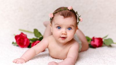 Cute Baby, Rose flowers, Adorable, Blue eyes, Cute baby girl, White, 5K