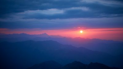 Mountain range, Sunset, Scenery, Dawn, France, 5K