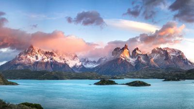 Torres del Paine National Park, Panorama, Mountains, Cloudy Sky, Sunny day, Ultrawide, 5K, 8K