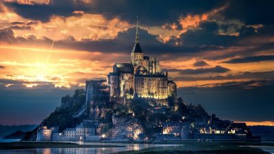 Mont Saint-Michel, Island, Ancient architecture, Reflection, Night, Sunset, Dawn, Evening sky, Normandy, France, 5K