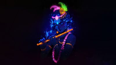 Lord Krishna, Glowing, Hinduism, AMOLED, 5K, Dark background, Hindu God, Dark aesthetic