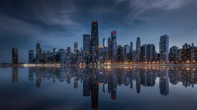 Chicago City, Skyline, Cityscape, Illinois, USA, United States of America, Urban, Skyscrapers, Dusk, Evening sky, Dramatic, Reflections, Lake Michigan, Waterfront, City lights, 5K, 8K