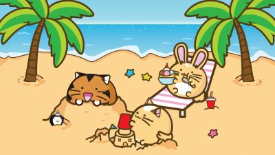 Fuzzballs, Beach, Summer, Palm trees, Tropical, Kawaii, Cartoon, 5K