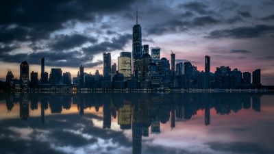 Manhattan Skyline, Hudson River, Cityscape, New York City, Skyscrapers, Urban, Metropolitan, 5K, Reflection, Dusk, Evening sky