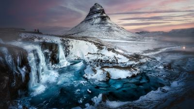 Kirkjufell mountain, Iceland, Waterfall, Winter Mountains, Scenic, Landscape, Twilight, Frozen, Tourist attraction, 5K, 8K, Arctic