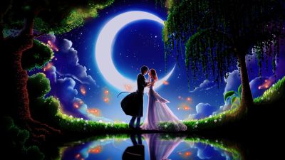 Anime couple, Kiss, Romantic kiss, Crescent Moon, Reflection, Dreamy, Magical, 5K